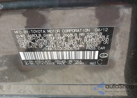 2012 Lexus Es 350 из США, поврежденный, VIN JTHBK1EG2C2505754